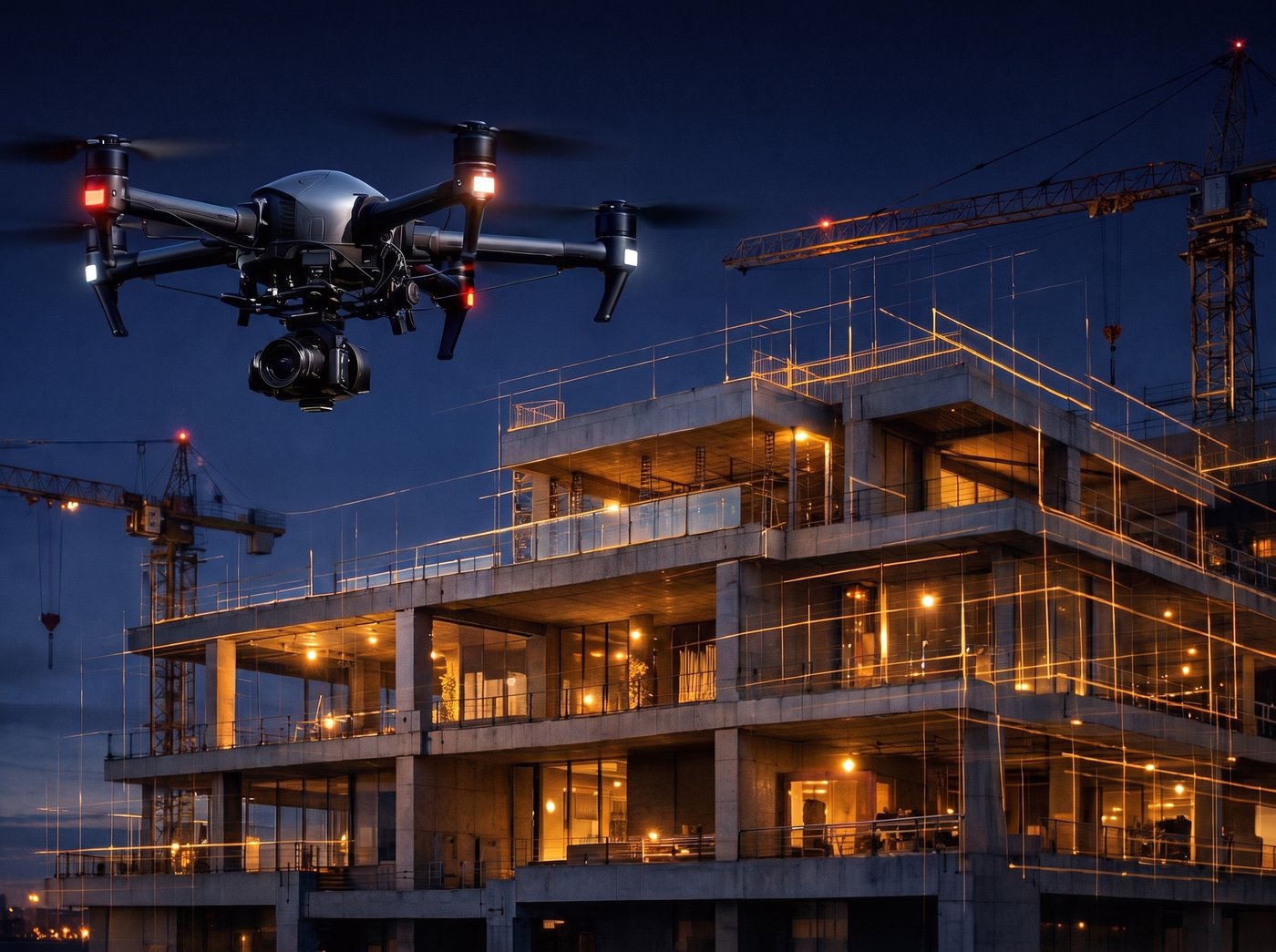 Velos drone conducting an aerial site inspection over an active construction project